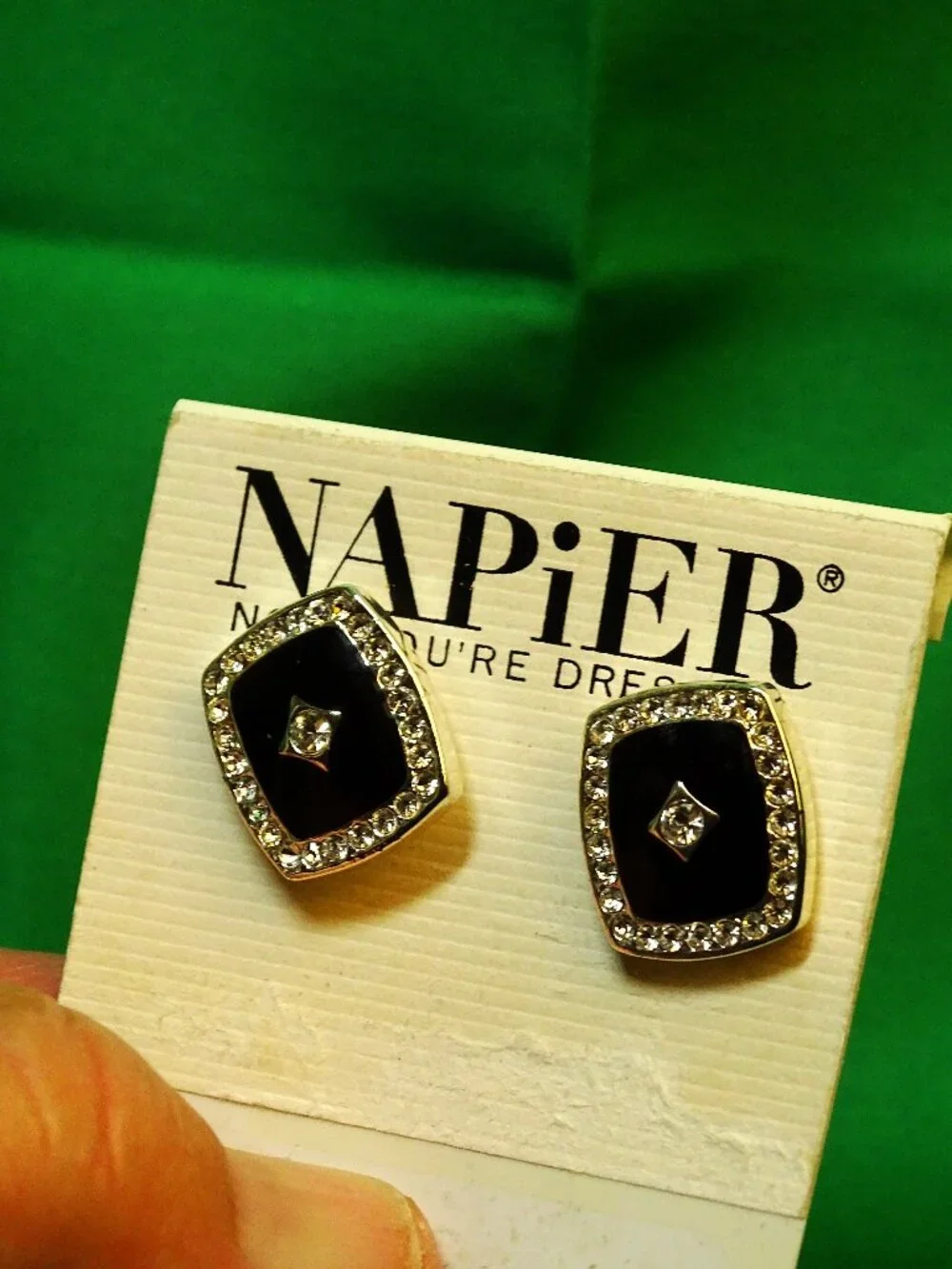 Napier Silver Tone Black Enamel with Crystals Pierced Earrings Vintage